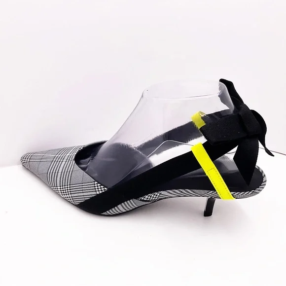 {Zara} Gray Plaid Slingback Bow Kitten Heels - Picture 2 of 16